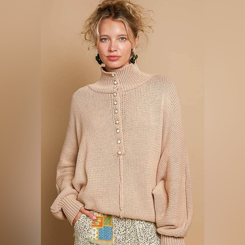 POL Pearl Detail Oversized Chunky Knit Turtleneck Long Sleeve Sweater